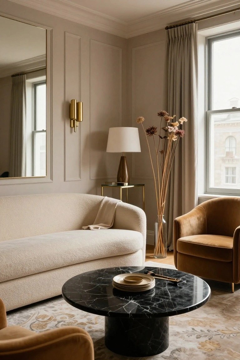 A beige living room corner featuring a curved cream bouclé sofa with throw, orange velvet armchair, black marble pedestal coffee table with plates, brass lamp on glass side table, tall dried pampas grass in vase, gold wall sconce, large mirror, and window with cream drapes.