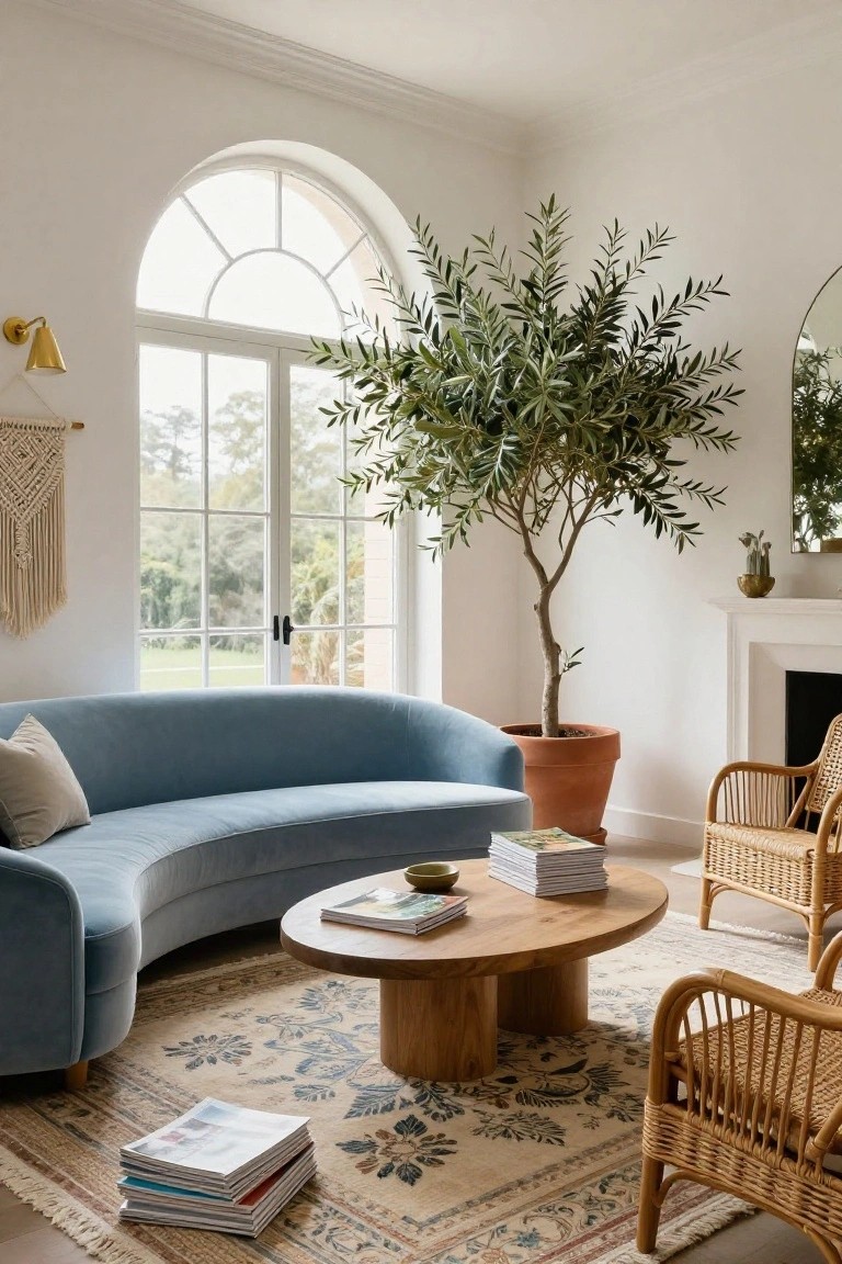 Bright living room featuring a curved blue velvet sofa, low wooden coffee table, rattan chairs, large potted olive tree, arched windows, and white walls with a fireplace.