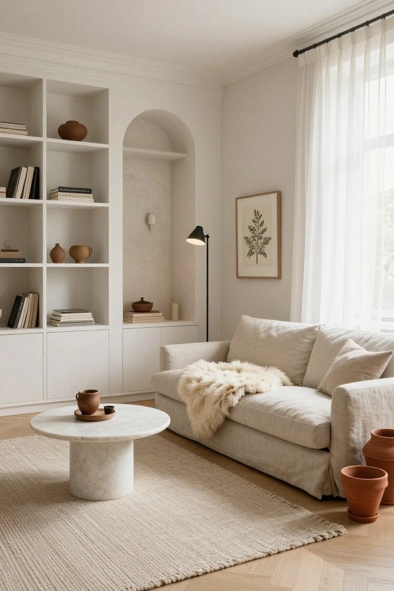 A living room with tall white built-in shelving units including an arched niche, a light gray sofa with white fur throw, round white marble coffee table, beige jute rug, and terracotta pots on light parquet flooring.