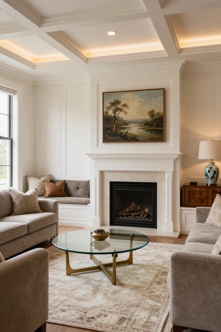 Living room with white coffered ceiling and cove lighting, paneled walls, white fireplace mantel under a landscape painting, built-in bench seating, neutral gray sofas, glass coffee table on beige rug, and wood floors.