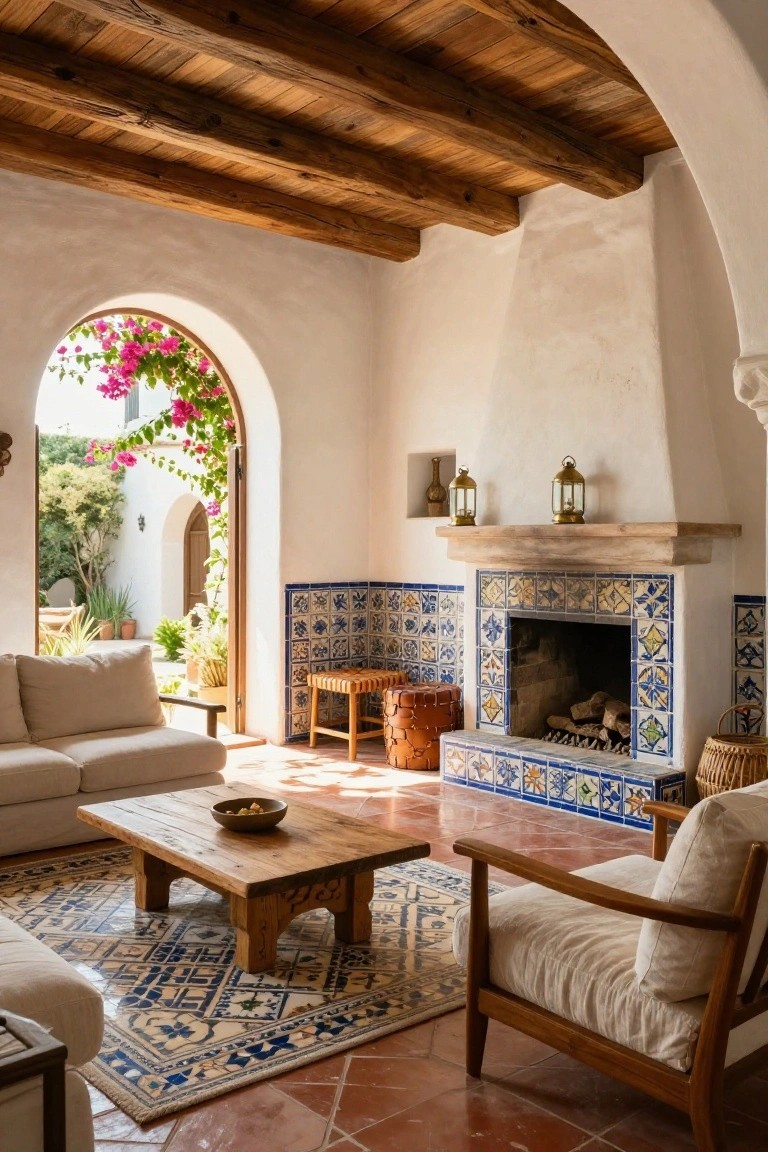 Living room featuring white adobe walls, exposed wooden beams, terracotta tile floor, blue and white patterned tile fireplace with wood mantel and lanterns, neutral linen sofa and chairs, wooden coffee table, and open arched doorway to outdoor patio with plants and bougainvillea.