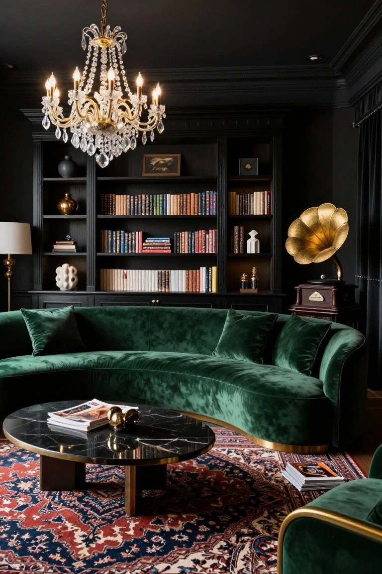 A living room interior with black built-in bookshelves filled with books, a curved emerald green velvet sofa, black marble coffee table with gold legs, crystal chandelier, gold gramophone, and red Persian rug.