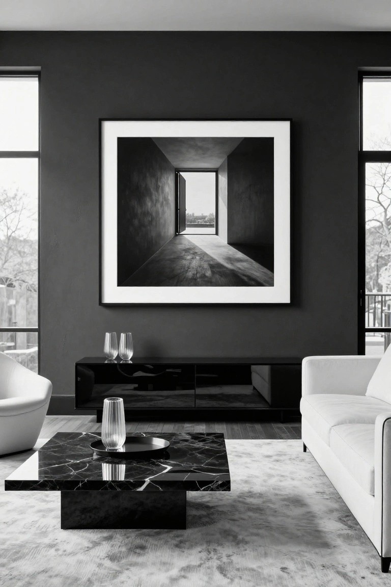 Black-and-white photo of a modern living room with dark gray walls, a large framed image of a light-filled corridor, white sofa, glossy black sideboard, white pod chair, and black marble coffee table on a light rug.
