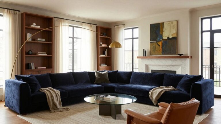 Modern living room with white marble fireplace flanked by floating oak shelves and cabinets, navy velvet sofa, tan leather armchairs, glass coffee table on patterned rug, brass arc floor lamp, abstract painting above mantel, and large windows with white drapes.