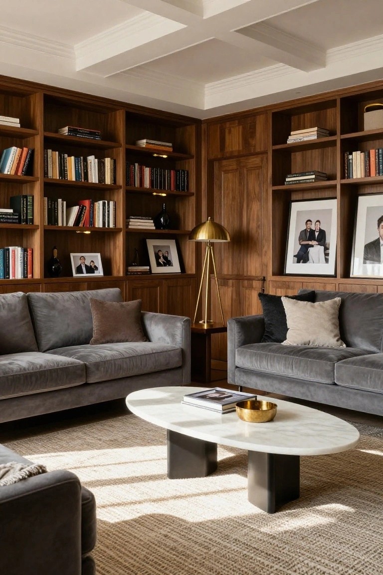 Living room with floor-to-ceiling walnut wood bookshelves on paneled walls filled with books and objects, two facing gray velvet sofas, oval white marble coffee table holding books and gold bowl, brass arched floor lamp, seagrass rug.