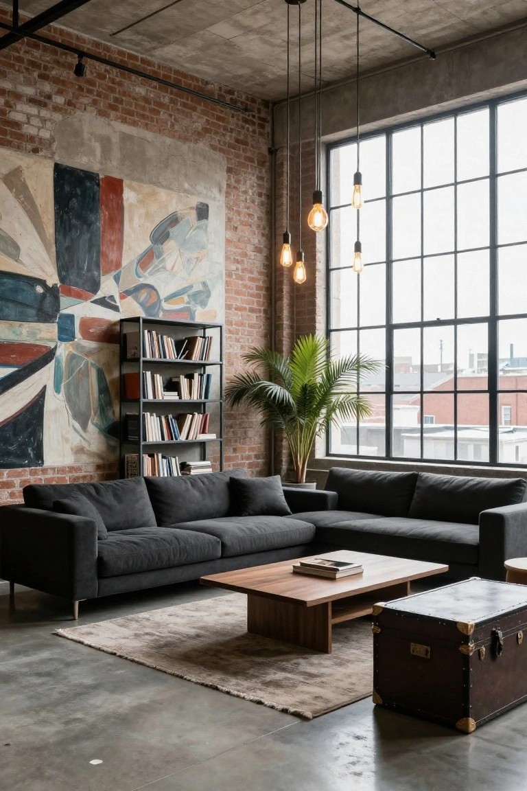 Industrial-style living room with exposed red brick wall featuring large abstract painting and black metal bookshelf, gray L-shaped sofa, low wooden coffee table, potted palm plant, vintage trunk, pendant lights, concrete floor, and large metal-framed windows.