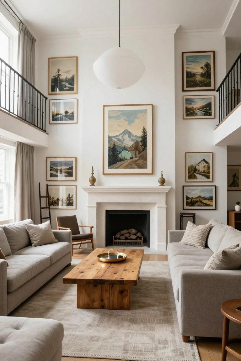 Two-story living room with white walls lined in numerous framed landscape paintings, gray sofas around a wood coffee table, white fireplace with logs, beige area rug, and black metal balcony railing overhead.
