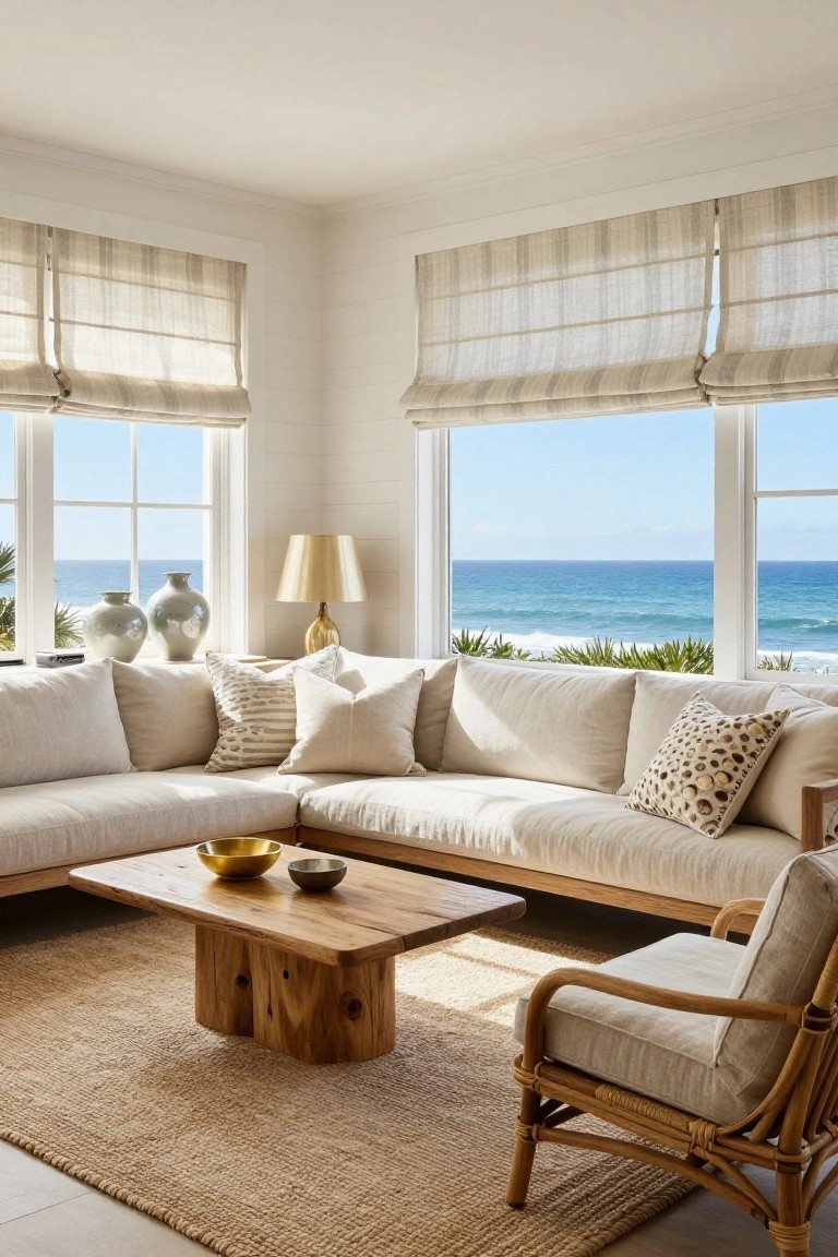A white living room corner with L-shaped cream sofa, wooden coffee table, rattan armchair, large windows overlooking blue ocean and palms, and beige linen roman shades partially lowered.