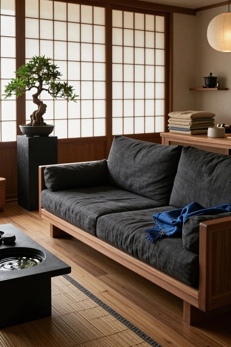 A minimalist living room featuring shoji screen windows, a low dark gray linen sofa with wooden frame, a black pedestal bonsai tree, wooden cabinetry, stacked linens on shelves, and a low black table with a water basin in front of the sofa.