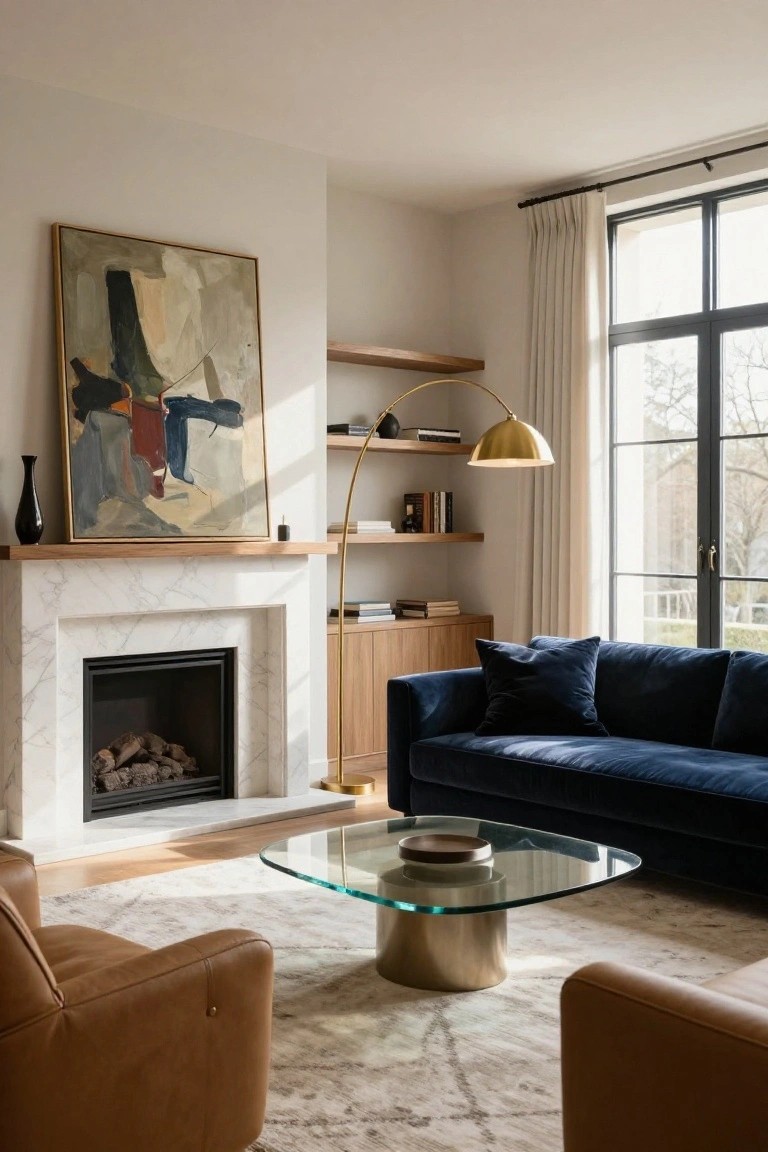 Modern living room with white marble fireplace flanked by floating oak shelves and cabinets, navy velvet sofa, tan leather armchairs, glass coffee table on patterned rug, brass arc floor lamp, abstract painting above mantel, and large windows with white drapes.