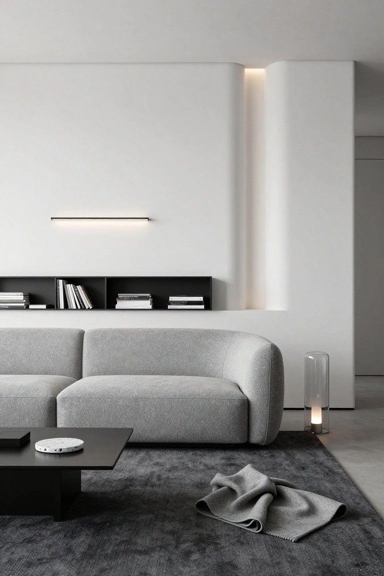 Modern living room with curved white walls featuring a vertical recessed light channel, black floating shelves with books, gray curved sofa, black coffee table on dark gray rug, and glass floor lamps.