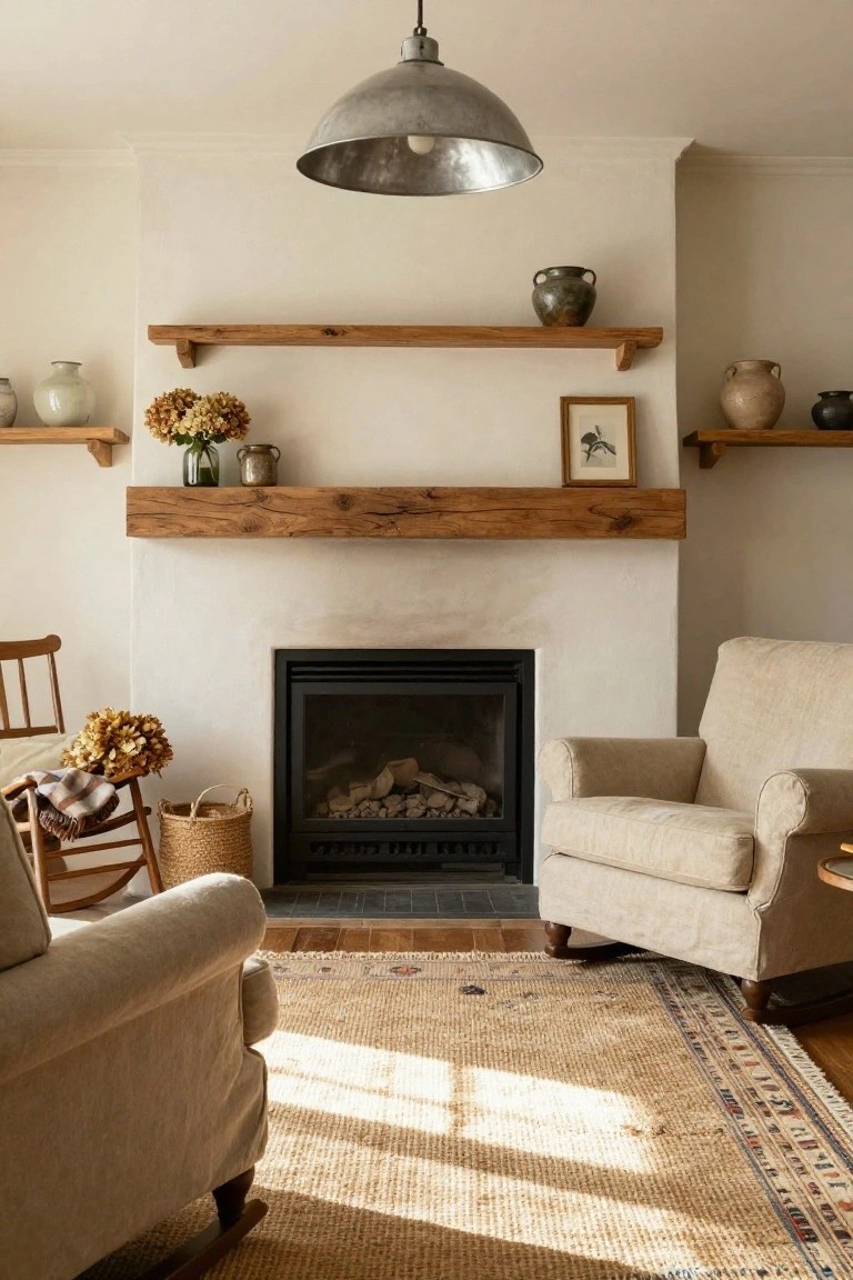 A sunlit living room with white plaster walls and fireplace topped by a thick rustic wooden mantel, wooden shelves holding pottery vases and dried flowers, two cream upholstered armchairs, a wooden rocking chair with basket and blanket, seagrass rug, and wooden floor.