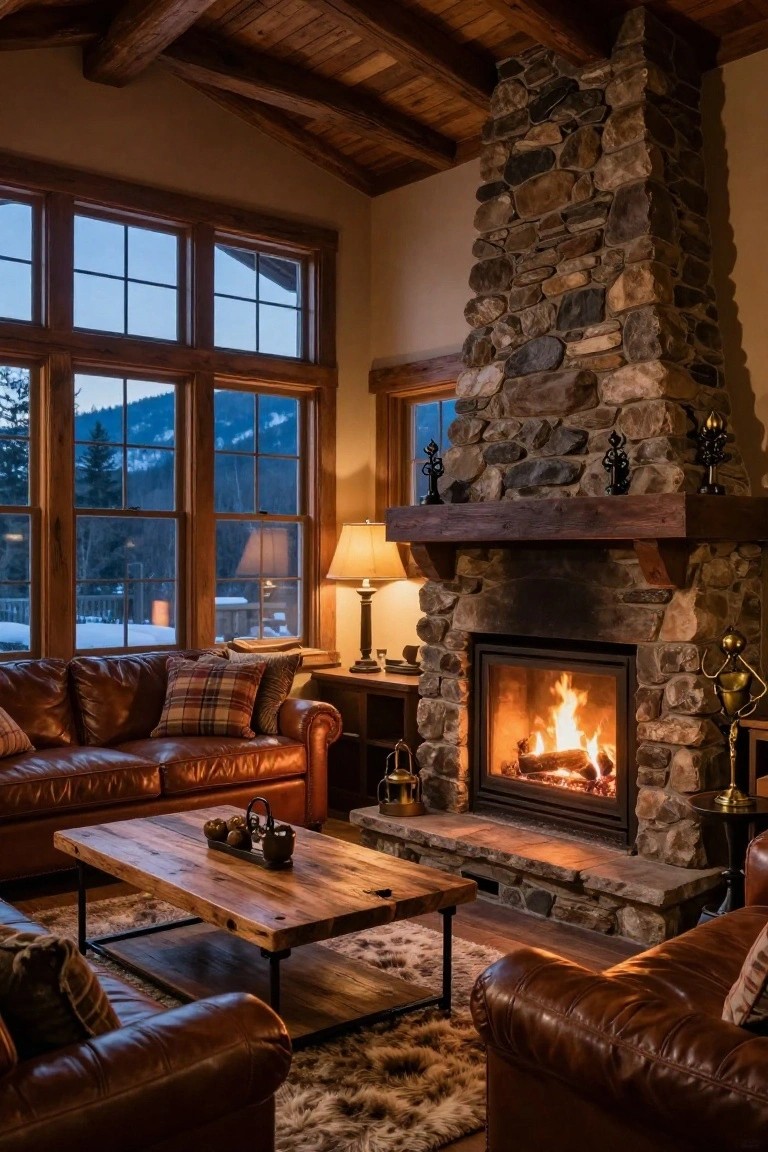 A living room with a tall stone fireplace burning brightly, flanked by brown leather sofas, a wooden coffee table, plaid pillows, and large windows overlooking snowy mountains at dusk.