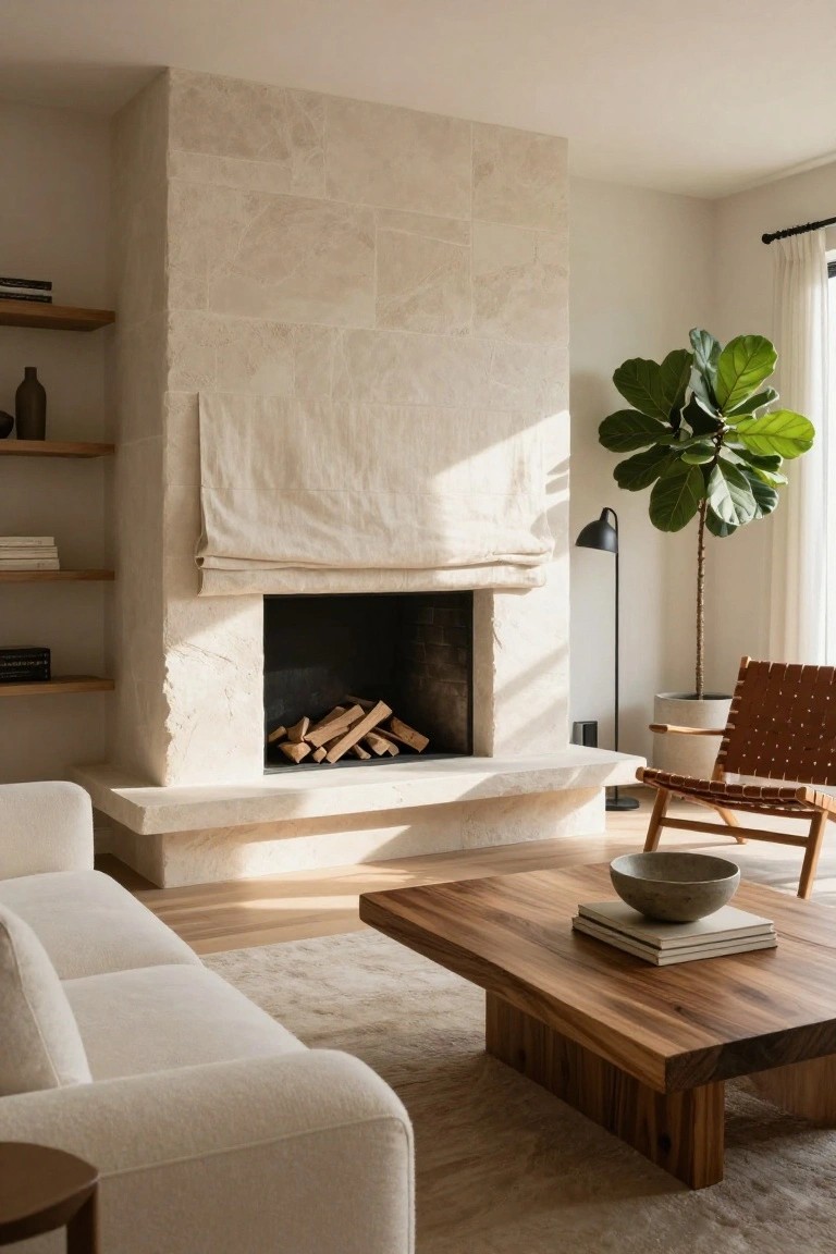 A minimalist living room with a tall light beige stone fireplace wall, linen curtain screen over the firebox with stacked logs, floating wooden shelves, white sofa, teak coffee table with books and bowl, brown leather chair, and large green fiddle leaf fig plant near windows.