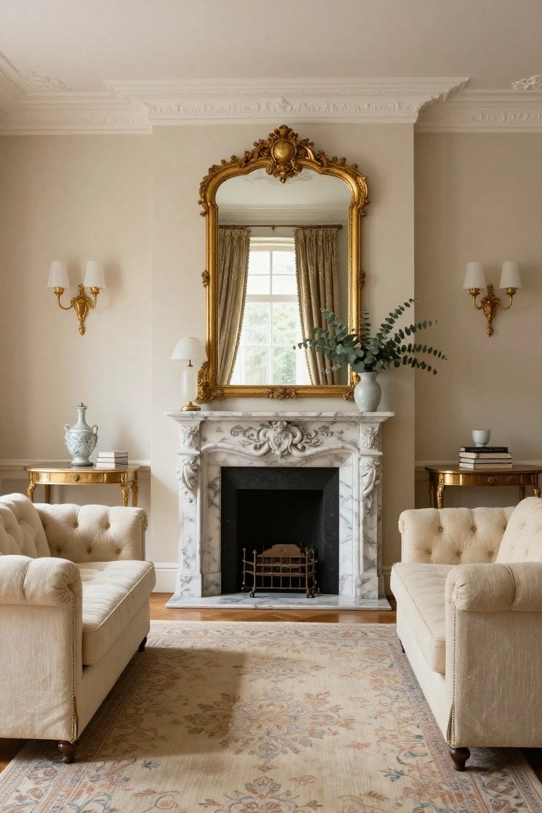 A light beige living room with two cream tufted sofas facing a carved white marble fireplace, a large gold-framed mirror above the mantel, matching gold console tables with lamps and vases on each side, and a patterned rug in front.