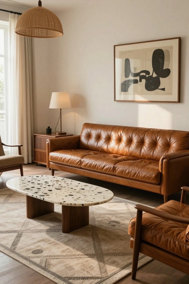 Living room interior with tan tufted leather three-seat sofa, two matching armchairs with wood legs, oval white marble coffee table with dark speckles and wood base, beige geometric rug, wood side table with lamp, abstract black line artwork on wall, sheer curtains on large windows, hardwood floor.