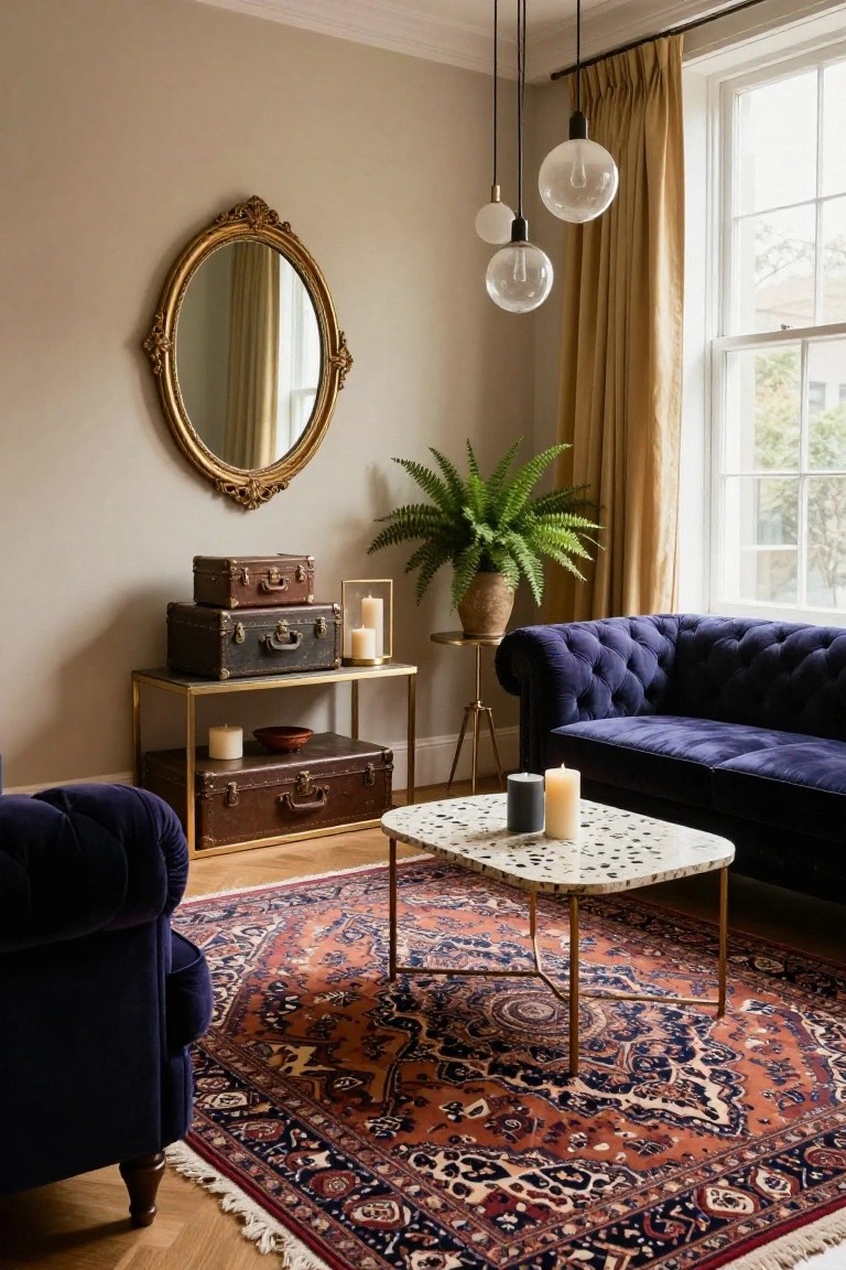 Living room corner with navy velvet tufted sofa, brass metal rack holding three stacked brown vintage suitcases and candles, ornate gold oval mirror on beige wall, large potted fern, three pendant globe lights over window with gold curtains, terrazzo coffee table on Persian rug.