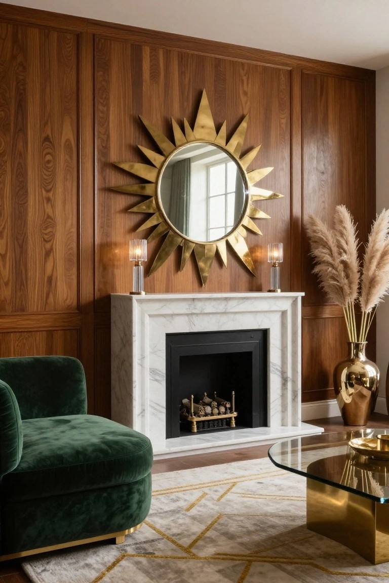 Living room with brown wood-paneled walls, gold sunburst mirror above white marble fireplace with black interior and decorative fire tools, flanked by glass lamps and pampas grass in gold vase, green velvet armchair, brass-edged glass coffee table on geometric rug.