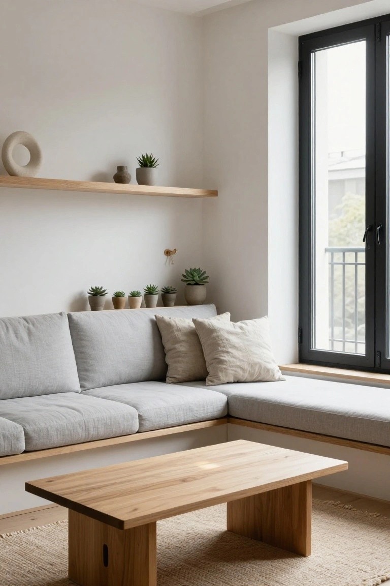 A minimalist living room with light gray L-shaped sofa cushions on a built-in wooden window bench, low rectangular oak coffee table, potted succulents and ceramics on floating shelves, large black-framed window, and beige seagrass rug.