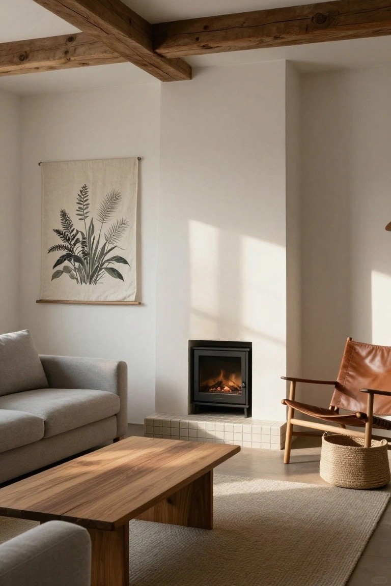 Minimalist living room featuring exposed dark wooden ceiling beams, white walls, a gray fabric sofa, tan leather armchair, wooden coffee table, woven basket, beige rug, large plant-print wall hanging, and black wood-burning stove fireplace on tiled hearth.