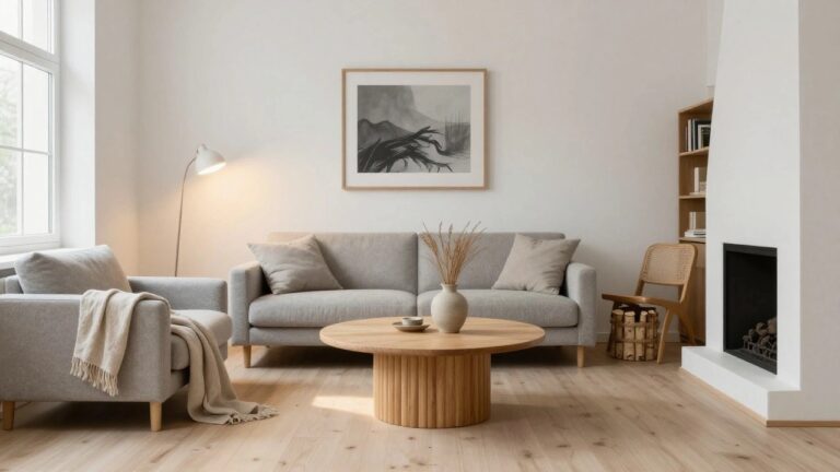 A minimalist living room with light oak TV console, fireplace, round coffee table, gray fabric sofas and chairs, rattan armchair, pampas grass in vases, abstract wall art, and light wood flooring.