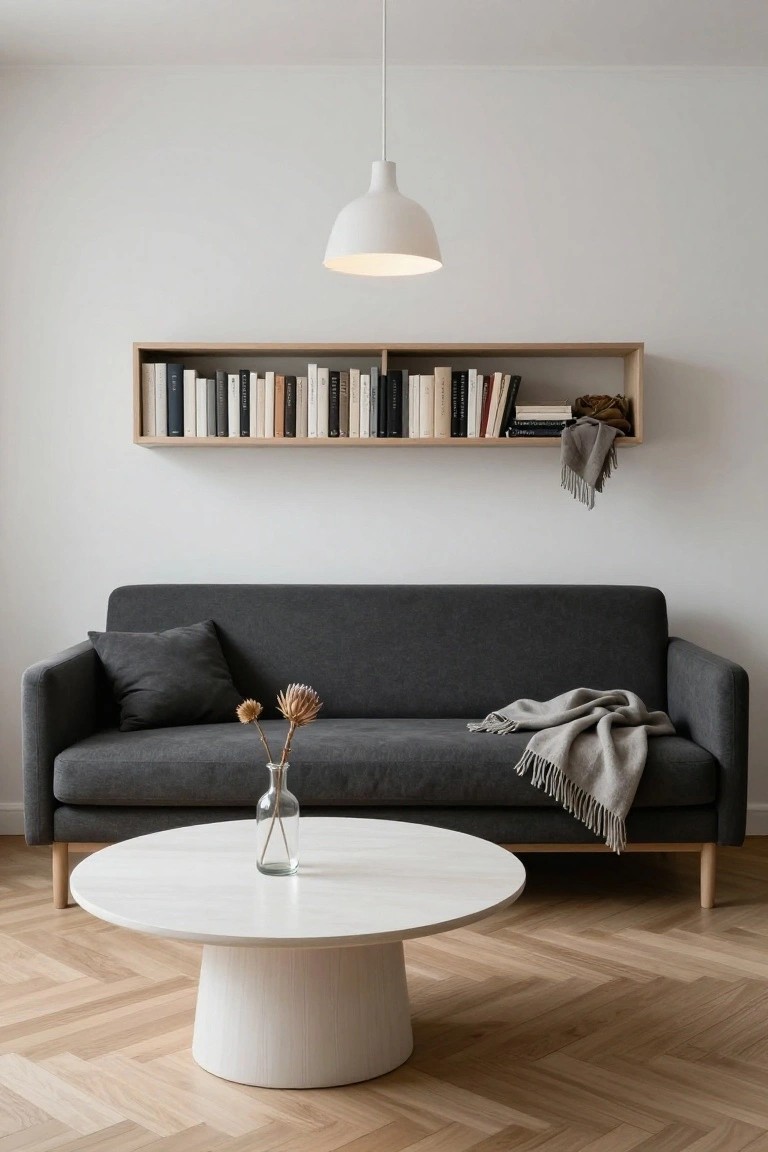 Minimalist living room with floating oak bookshelf above dark gray sofa, white round pedestal coffee table holding glass vase with dried flowers, gray throw blanket on sofa, white pendant lamp, and herringbone wood floor.