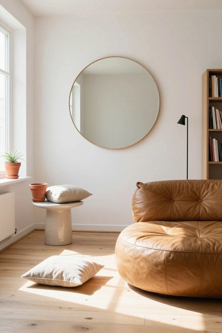 A minimalist living room corner with a large gold-framed round mirror on a white wall, tan tufted leather pouf chair on light wood floors, small pedestal table holding a terracotta pot and beige pillow, bookshelf with books, black floor lamp, and window with potted plant.