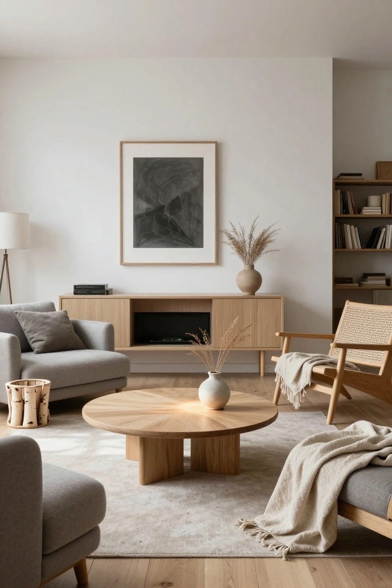 A minimalist living room with light oak TV console, fireplace, round coffee table, gray fabric sofas and chairs, rattan armchair, pampas grass in vases, abstract wall art, and light wood flooring.