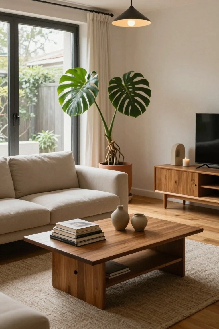 A minimalist living room with a beige sofa, low wooden coffee table topped with stacked books and ceramic vases, wooden credenza holding a TV, tall monstera plant in a terracotta pot, and sliding glass doors opening to a garden.