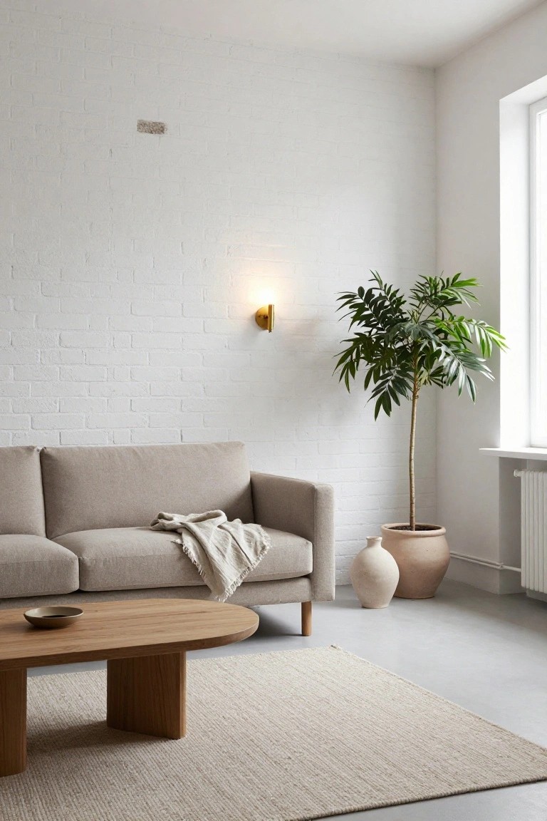 Minimalist living room with beige three-seat sofa draped in white throw, oval oak coffee table with thick legs on beige seagrass rug, tall potted palm tree in terracotta pot beside two ceramic vases, white brick wall with gold wall light, and large window with radiator.