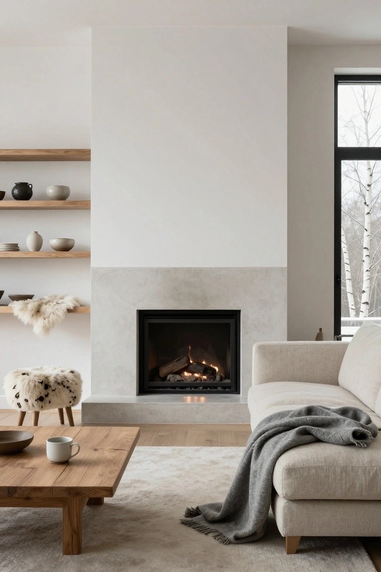 Minimalist living room with a modern gas fireplace in a light gray stone surround, flanked by floating wooden shelves displaying ceramic pottery, vases, bowls, and a white sheepskin rug, beside a beige sofa with gray throw, low wooden coffee table, and large window showing birch trees in snow.