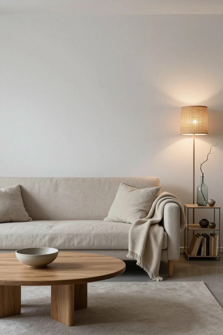 A minimalist living room with a light beige linen sofa with pillows and throw blanket, round oak coffee table topped with a white ceramic bowl, metal side table holding a rattan-shaded floor lamp, green glass vase, pottery, and books, light gray rug, white walls.