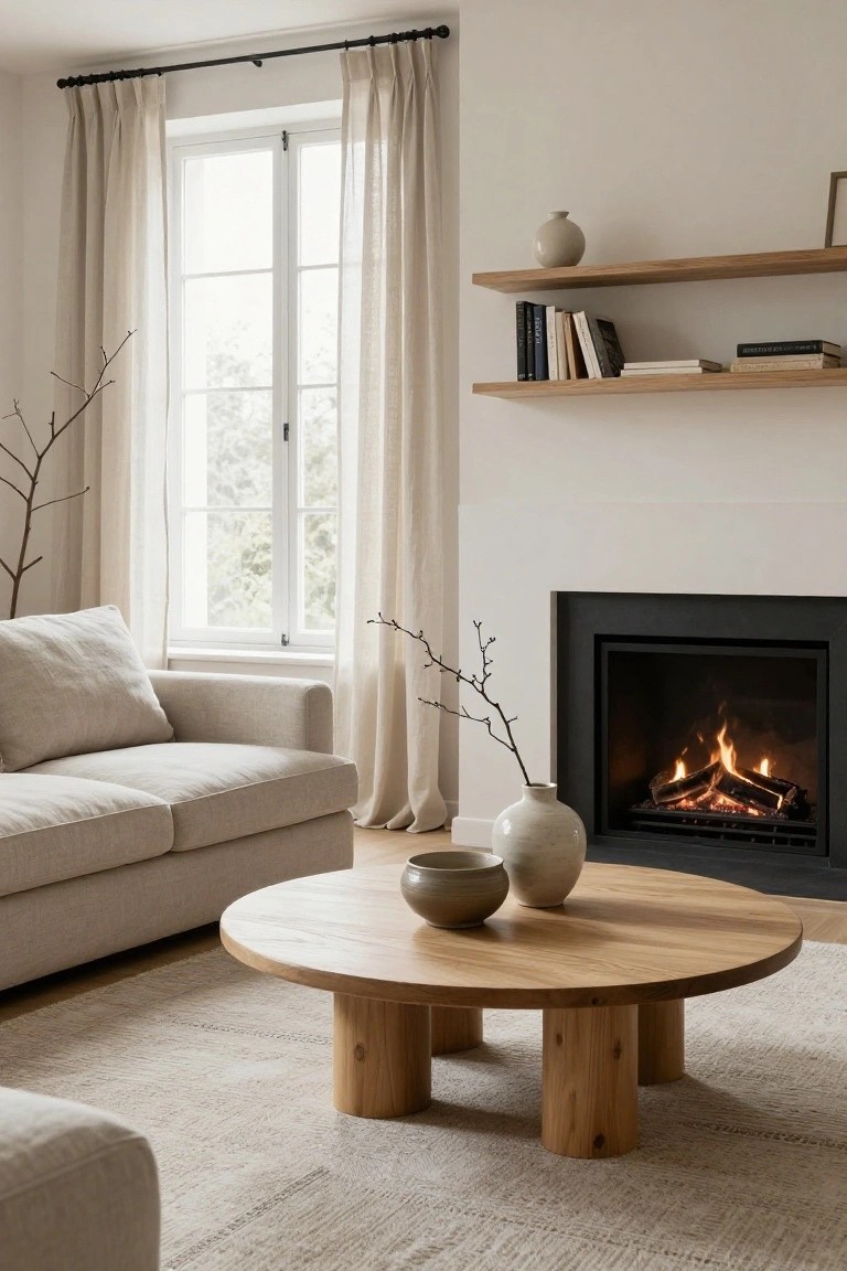 Minimalist living room with cream linen sofa, round oak coffee table on thick cylindrical legs, floating wooden shelves holding books and ceramics, black fireplace with gas flames, large window with sheer curtains, and beige rug.