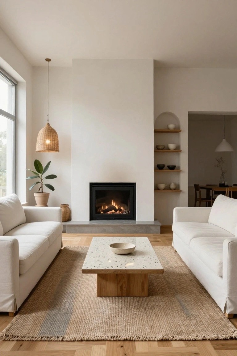 Minimalist living room featuring two white slipcovered sofas facing a lit gas fireplace, a low wooden coffee table with a ceramic bowl on a seagrass rug, rattan pendant lamp, potted plant, and arched niches in white walls.