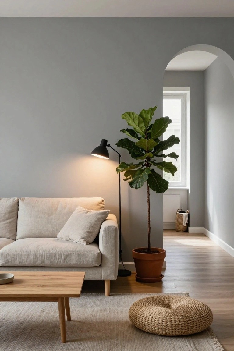 A minimalist living room with light gray walls, an arched doorway, beige linen sofa, oak coffee table, tall fiddle leaf fig plant in terracotta pot beside a black floor lamp, seagrass pouf, and light rug on wood floors.