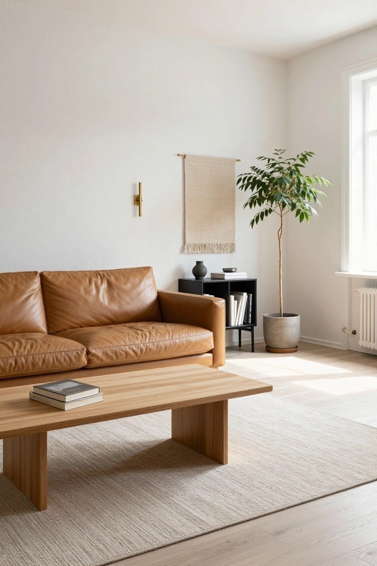 Minimalist living room corner with tan leather sofa, light oak coffee table holding stacked books, black shelf unit with books, tall potted plant in gray pot, beige woven wall hanging, brass sconce, white walls, light wood floors, and large window.