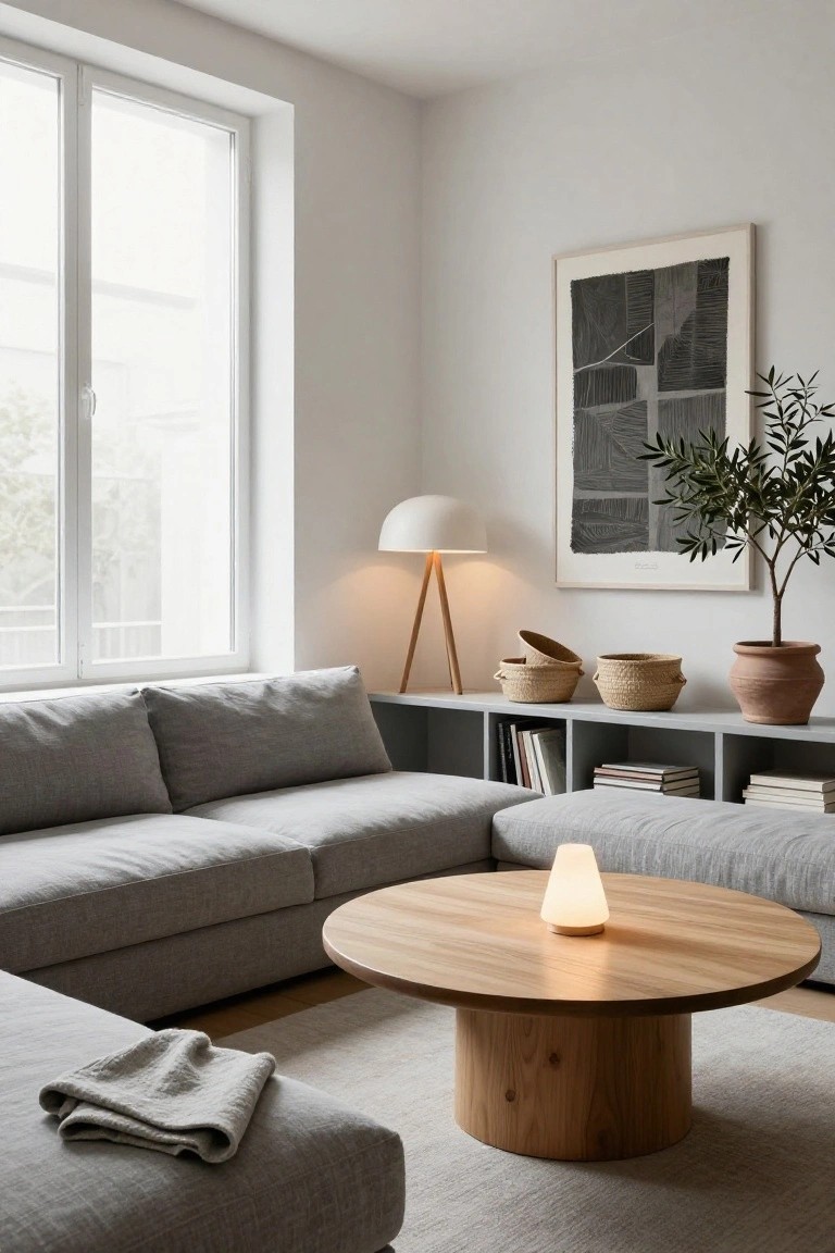 A minimalist living room with large windows, gray L-shaped sofa, round wooden pedestal coffee table with a small lamp, built-in gray shelves holding books and woven baskets, potted olive tree, floor lamp, and abstract wall art.