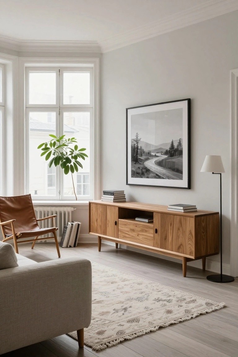 Minimalist living room corner with light gray walls and oak floors, wooden credenza holding TV and books, brown leather armchair, large black-and-white framed landscape photo, potted plant by white window, floor lamp, edge of beige sofa, and patterned rug.