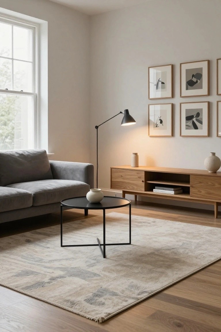 A minimalist living room with light beige walls, a gray fabric sofa, round black metal coffee table holding a white vase, low wooden credenza with books and vase, four abstract black-and-white framed prints on the wall, black arc floor lamp lit up, two ceramic vases on credenza, and a neutral patterned rug on light oak wood floors.