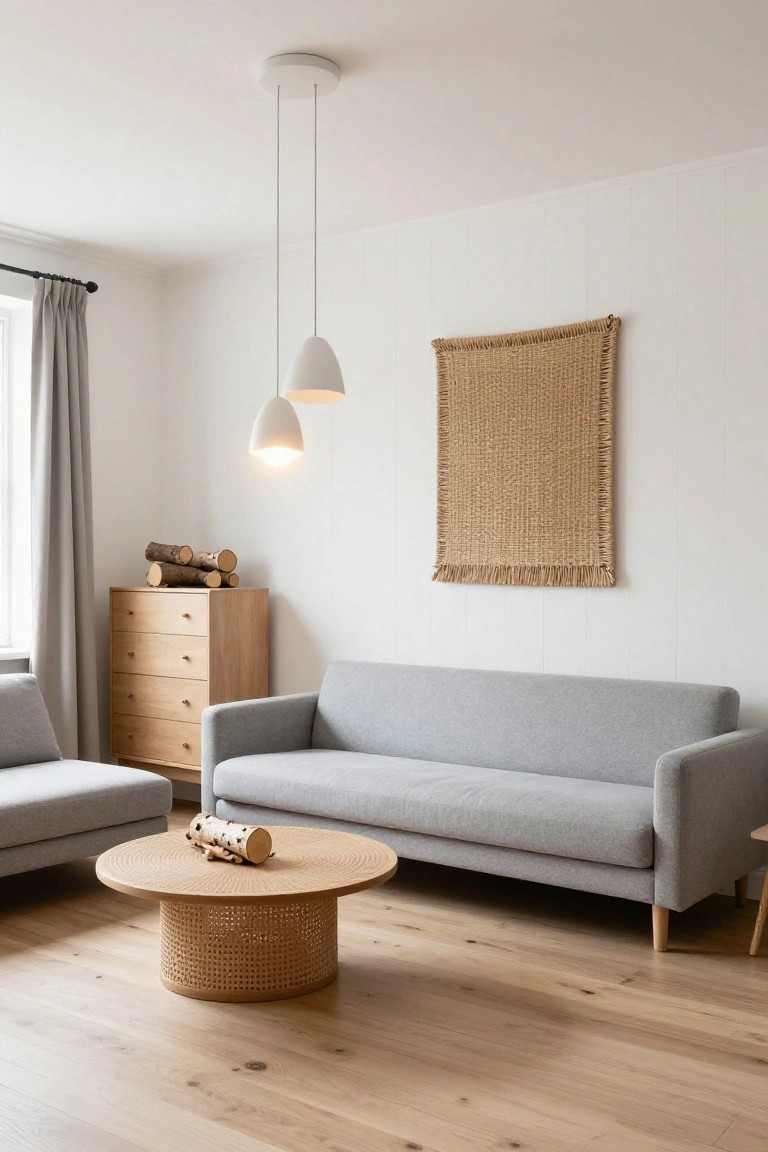 A minimalist living room with white paneled walls, light oak flooring, gray fabric sofa and loveseat, round wooden coffee table with rattan base, oak dresser holding firewood logs, two white pendant lights, gray curtains on a window, and a large woven wall hanging.