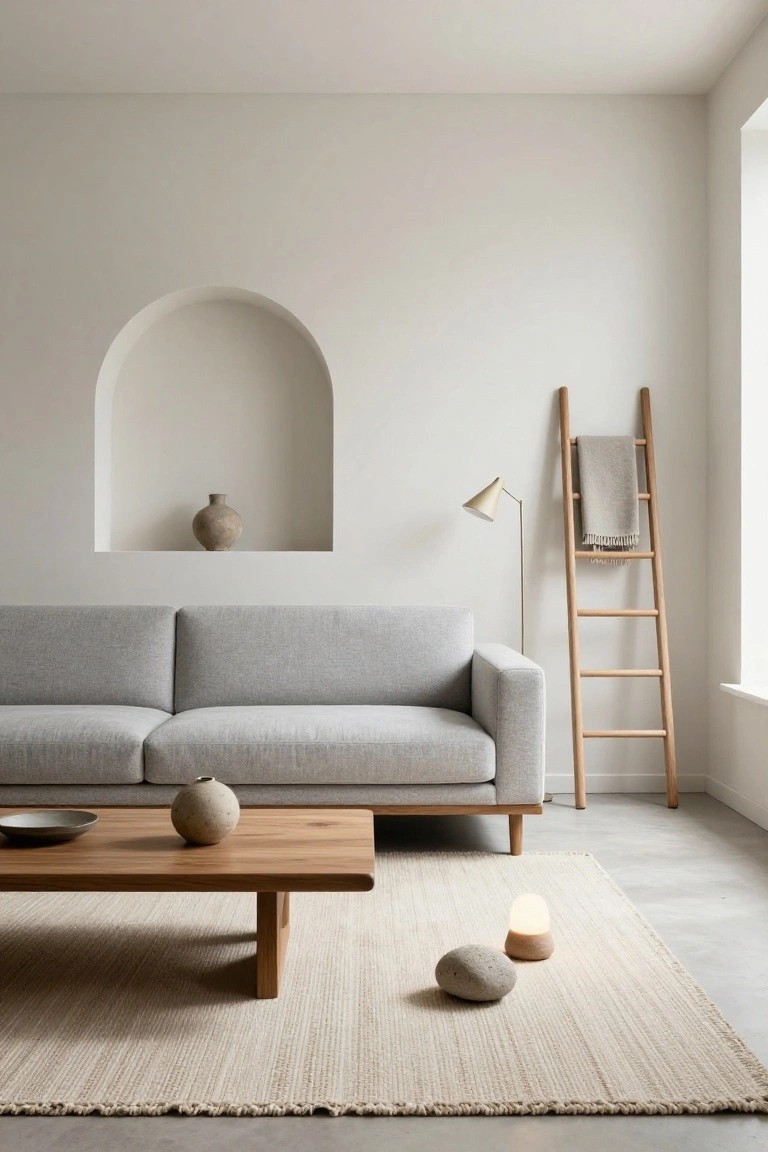 Minimalist living room with light gray sofa, low wooden coffee table holding a stone pot and plate, arched wall niche with terracotta vase, tall wooden ladder draped with gray blanket beside a window, seagrass rug, and small lit candle on concrete floor.