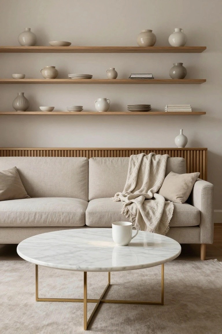 Light beige living room with three levels of wooden open shelves displaying various white and beige ceramic vases, bowls, plates, and a few books, a cream fabric sofa with pillows and throw blanket against a wooden slatted wall, round white marble coffee table with gold legs and a white mug on beige rug.