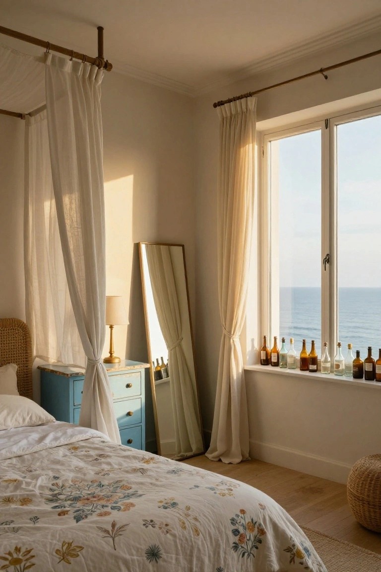 Sunlit bedroom with a four-poster bed draped in sheer white curtains beside a blue dresser and full-length mirror, large windows with beige drapes overlooking the ocean, and colorful glass bottles lined up on the windowsill.