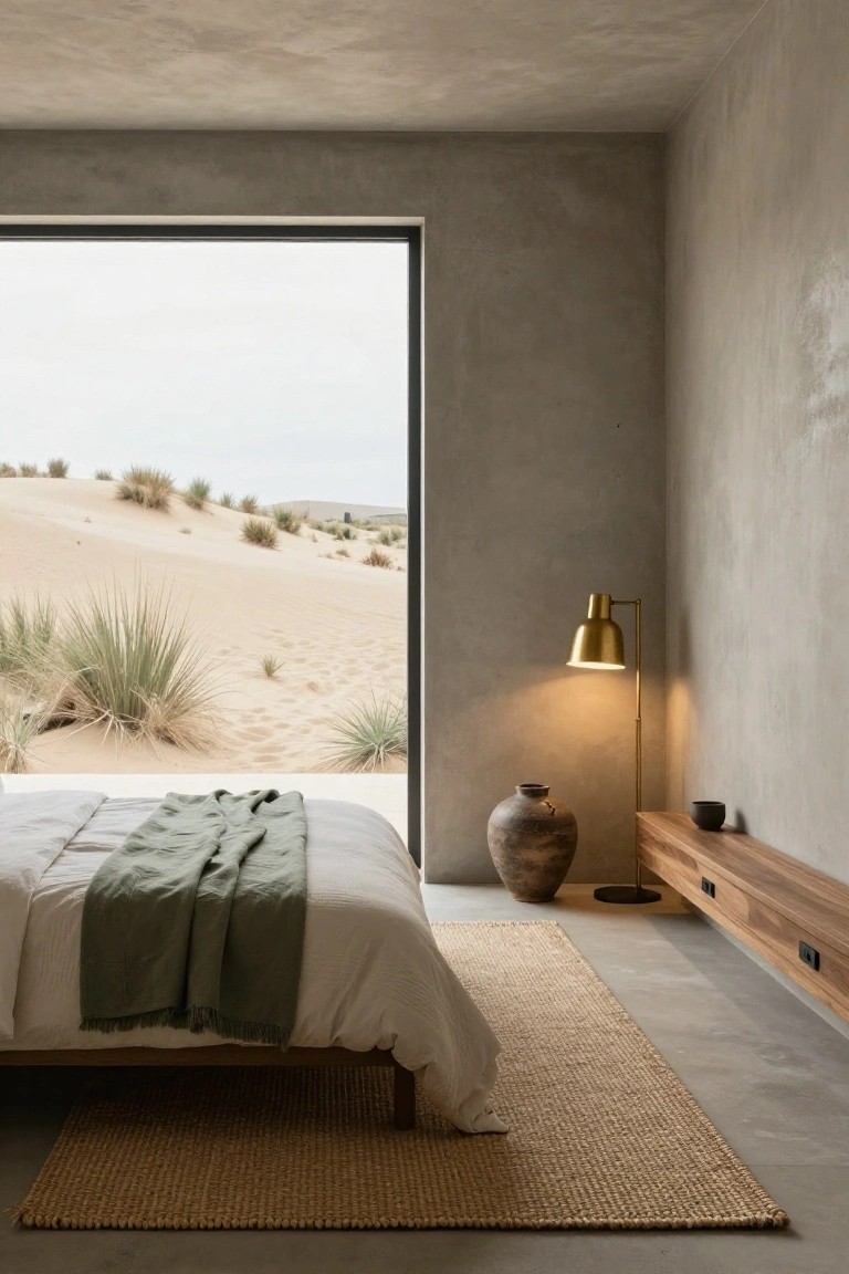 Minimalist bedroom with low wooden platform bed covered in white sheets and green throw, textured beige walls, gold floor lamp beside a wooden shelf, and large floor-to-ceiling black-framed window showing desert dunes outside.