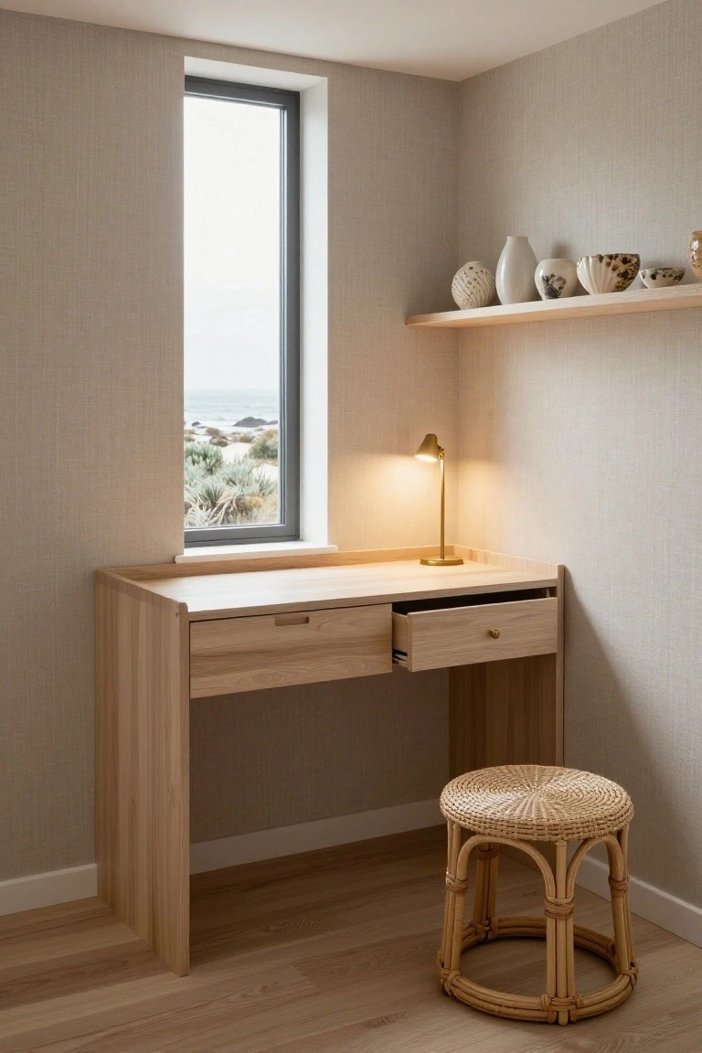 Light oak desk with one open drawer positioned in a bedroom corner beside a large window overlooking the ocean and beach, paired with a rattan stool, gold desk lamp, and wooden shelf above holding white ceramics.