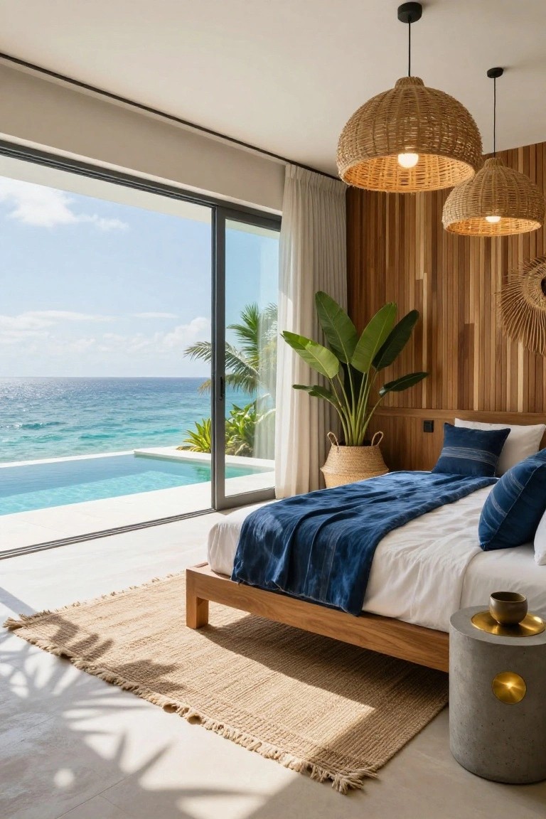 Modern bedroom interior with light wood accent wall, rattan pendant lights, large potted plant, bed dressed in blue linens on wooden frame, and floor-to-ceiling sliding glass doors opening to infinity-edge pool overlooking ocean and palms.
