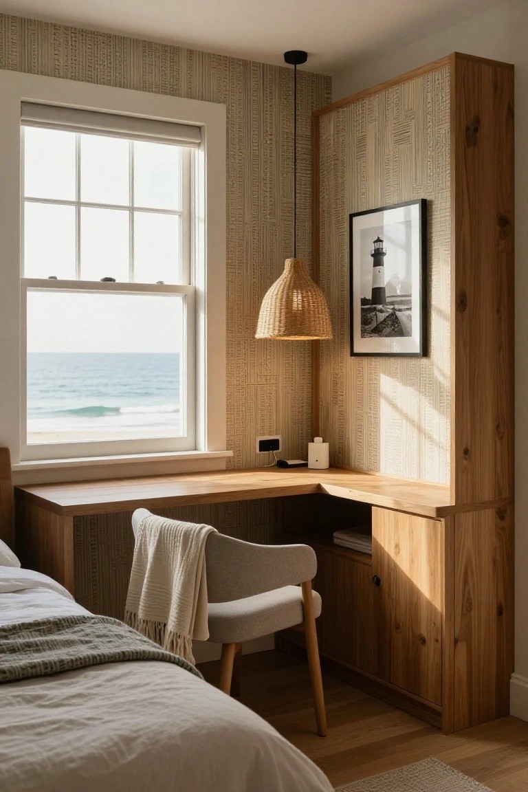 Coastal bedroom interior with light wood built-in corner desk and tall cabinetry beside a large window showing ocean waves, a gray chair with cream throw, and a bed with gray linens.