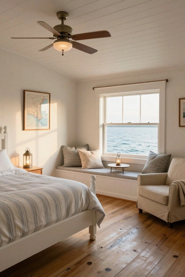 A sunlit bedroom with white beadboard walls and ceiling, wooden floors, a striped white bed, ceiling fan, built-in window seat with gray cushions overlooking the ocean, small lanterns, and a beige armchair.