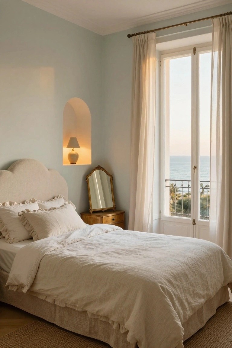 Cream-colored cloud-shaped upholstered headboard on a bed with ruffled white linen pillows and duvet cover, beside an arched wall niche holding a ceramic lamp base, antique gold mirror on wooden dresser, and French doors with sheer curtains overlooking sea and palms.