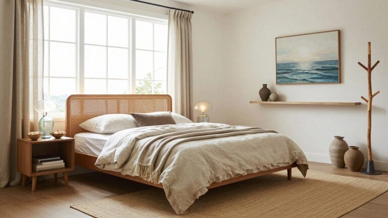 Bedroom with rattan headboard on wooden bed frame, white linens and beige throw, wooden nightstand with lamp and vase, sheer curtains on large windows showing ocean view, driftwood branch on wall, beige seagrass rug on wood floor.